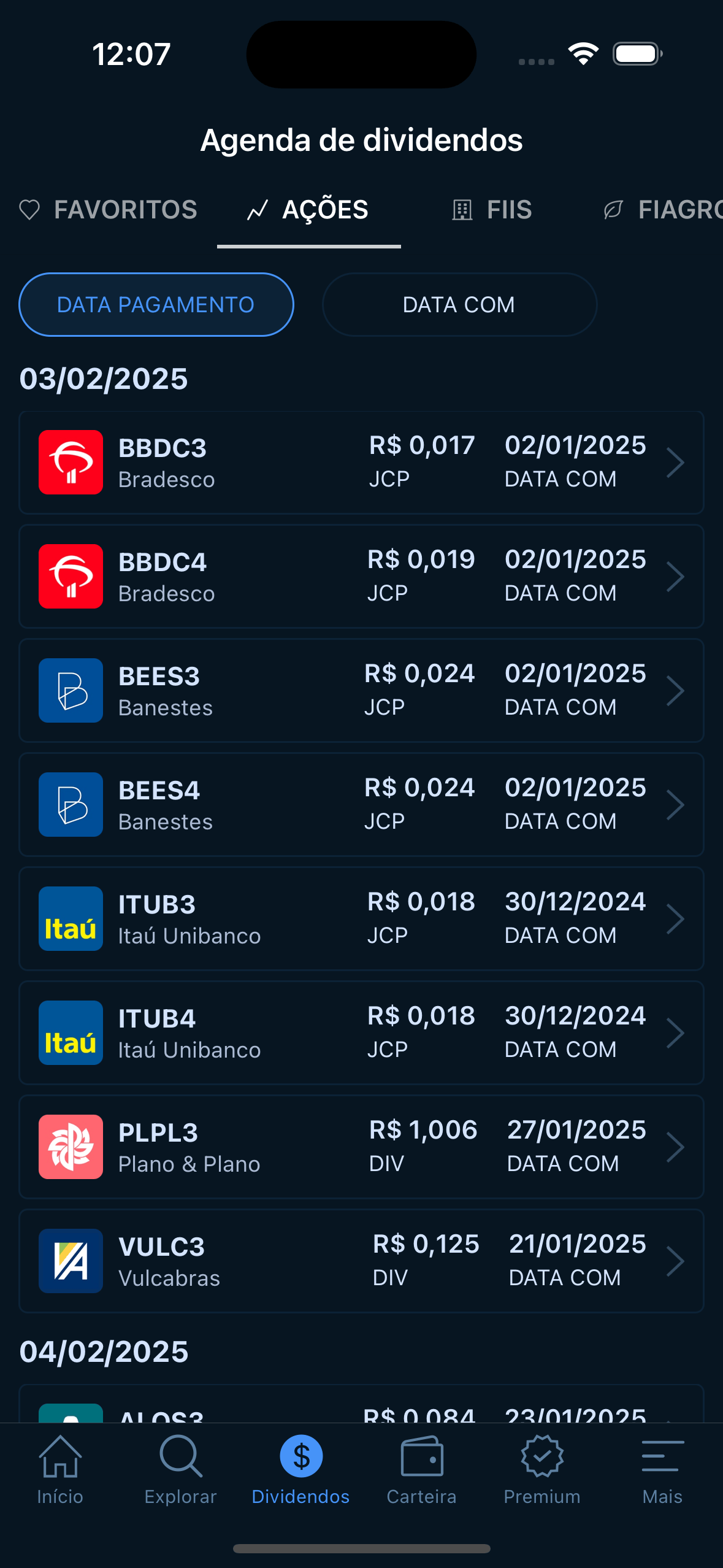 Agenda de Dividendos